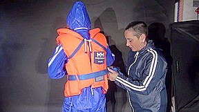 Ronja Being Tied And Gagged Overhead Wearing Sexy Shiny Nylon Rainwear And A Lifevest Being Lifted Up And Dominated By Stella (Video)