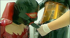 Humiliating pussy distress dildo sucking in masked, dominantrice in red latex dress