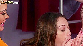 CFNM Euro femdom babes suck roommate cock in threesome