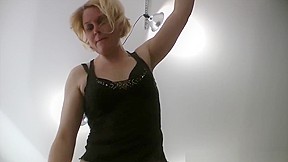 Chubby blonde strips ballbusting blowjob and handjob