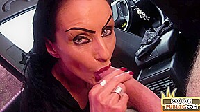 Public slut drilled in POV in car by big white dick