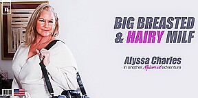 Big Breasted Milf Alyssa Charles Loves To Play With Her Hairy Pussy And A Dildo On The Sofa