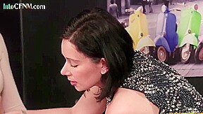 CFNM ladies in dress and heels suck tied up guy in group BJ