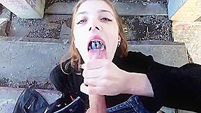 The bitch has not refused to jerk off and suck the penis in a public place.