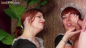 Amateur CFNM maids jerking cock in 3some in stockings n heels