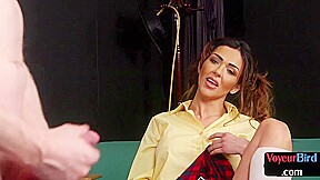 CFNM in college uniform teases wanker till cumshot