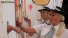 CFNM group of amateur police ladies tugging gloryhole cocks