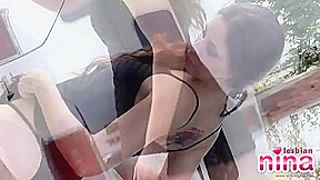 Lesbo nina strips off in tease by limo